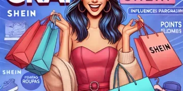 Truques Imperdíveis para Ganhar Roupas Grátis na Shein DALL·E 2024-09-06 11.27.15 - A vibrant image showing a young woman holding several shopping bags full of clothes, smiling with excitement. The background represents the Shein bran