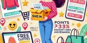 Dicas Infalíveis para Conseguir Roupas de Graça na Shein: DALL·E 2024-09-06 11.27.57 - An illustration showing a woman happily receiving free clothes from Shein. She is holding a package with the Shein logo, with a laptop and mobile phon