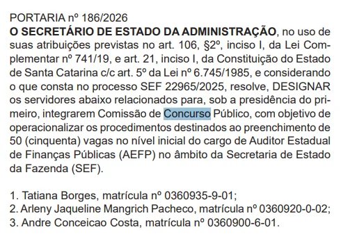 SEFAZ SC forma comissão para concurso com 50 vagas de Auditor Estadual de Finanças Públicas